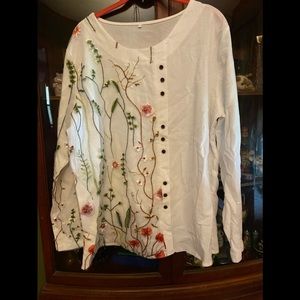 White cotton blouse with embroidered flowers